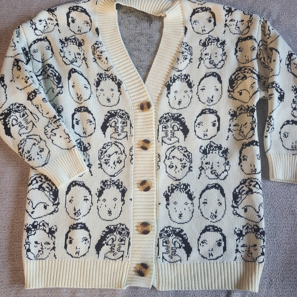 Funny Face Knit Granny Core Button Up V-Neck Loose Comfy Cardigan Statement - Picture 2 of 6